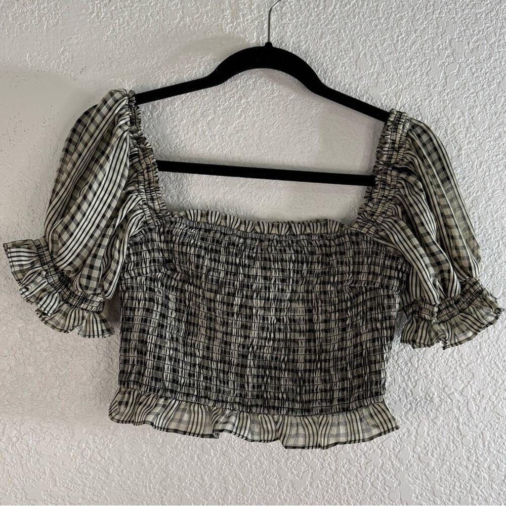 Tularosa Genevieve Black and White Checkered Smocked Blouse Small Preppy Resort